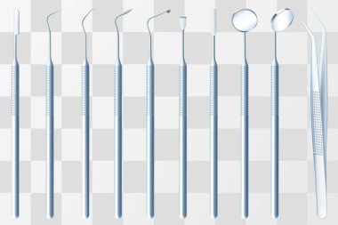 Beyaz arka planda izole edilmiş bir dizi dişçi cerrahisi. Diş cerrahisi aletleri, Periodontal ölçekleyiciler ya da cerrah dişleri ameliyat ekipmanları. Gerçekçi 3d vektör illüstrasyonu