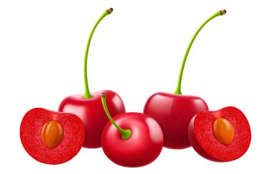 Beyaz arka planda izole edilmiş olgun kirazlar. Kırmızı kirazlı ve yarım kirazlı, gerçekçi 3 boyutlu vektör çizimi. Meyve dolu, canlı renklerle parlayan..