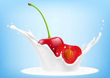 Red cherry and half of cherry with pit are falling in splash of yogurt or milk, cocktail splash with drops, Milkshake splash with ripe red cherries. Realistic 3d vector illustration clipart