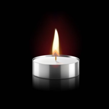 Yanan Mum. Çay Işıkları Mumları. Ev dekorasyonu için Mini Tealight mumları. Driless ve uzun süreli parafin ya da beyaz balmumu. İzole edilmiş siyah arka plan. Gerçekçi 3d vektör illüstrasyonu.