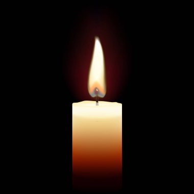 Yanan mum. Sarı mum ve altın alev. Yanmış ve erimiş balmumu. Karanlık arka planda izole edilmiş parlayan bir mum tasviri. Gerçekçi 3d Vektör illüstrasyonu. Anma Günü için tasarım