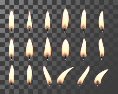 Fitili yanan alevler, şeffaf arka planda izole edilmiş mum alevleri. 3D mum ışığının gerçekçi yansıması, yangın aydınlatma için tasarım doğum günü partisi, kutlama, anma günü