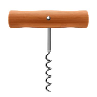 Tahta saplı tirbuşon beyaz arka planda izole edilmiş. Şarabın açacağını kapat. Gerçekçi 3 boyutlu vektör çizimi. Model