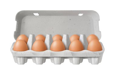 Beyaz arka planda izole edilmiş on kahverengi yumurtalı yumurta kutusu. Karton pakette taze organik tavuk yumurtası ya da yumurta kabı ya da tepsi. Gerçekçi 3d vektör illüstrasyonu