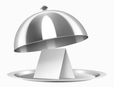 Beyaz arka planda izole edilmiş kağıt kartpostallı paslanmaz çelikten bir saat. Açık Metal gıda saati, Gıda koruması. Kubbe. Tabak servisi, akşam yemeği tabağı. Gerçekçi 3d vektör illüstrasyonu