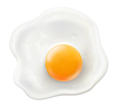 Beyaz arka planda izole edilmiş lezzetli kızarmış tavuk yumurtası. Klasik protein zengini kahvaltı. Üst Manzara. Sağlıklı beslenme. Gerçekçi 3d vektör illüstrasyonu