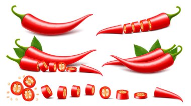 Bütünüyle kırmızı biber ya da kırmızı biber seti. Cayenne biberi. Capsicum annuum. Tohumlu parçalar, çemberler, çekirdekli doğranmış biber. Gerçekçi 3d vektör illüstrasyonu