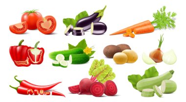 Beyaz arka planda çizgi film tarzında kesilmiş sebzeler. Kuşkonmaz, kabak, patlıcan, soğan, pırasa, kereviz, bezelye, sarımsak, brokoli, biber, balkabağı, lahana..