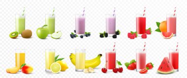 Beyaz masa ve beyaz izole arka planda çeşitli meyvelerle süslenmiş uzun bardakta kremalı milkshake seti. Ön görünüm.
