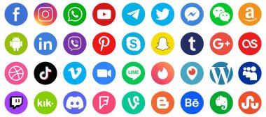 Vinnytsia, Ukrayna - 16 Mayıs 2023. En popüler sosyal medya simgeleri: Facebook, Instagram, WhatsApp, YouTube, Telegram, Viber, Pinterest, Skype, Snapchat, Tumblr, Twitter, Premium kalitesi. İzole edilmiş