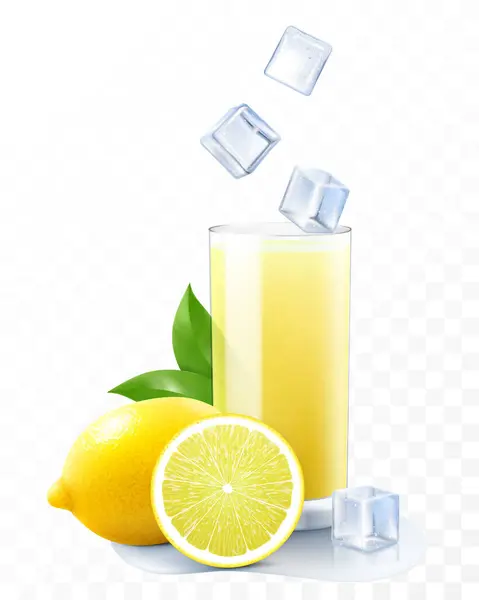Cama buz küpleri düşen bir bardak taze limonata. Bir bardak limon suyu ya da şeffaf arka planda izole edilmiş olgun limonlu meyve suyu. Gerçekçi 3d vektörü