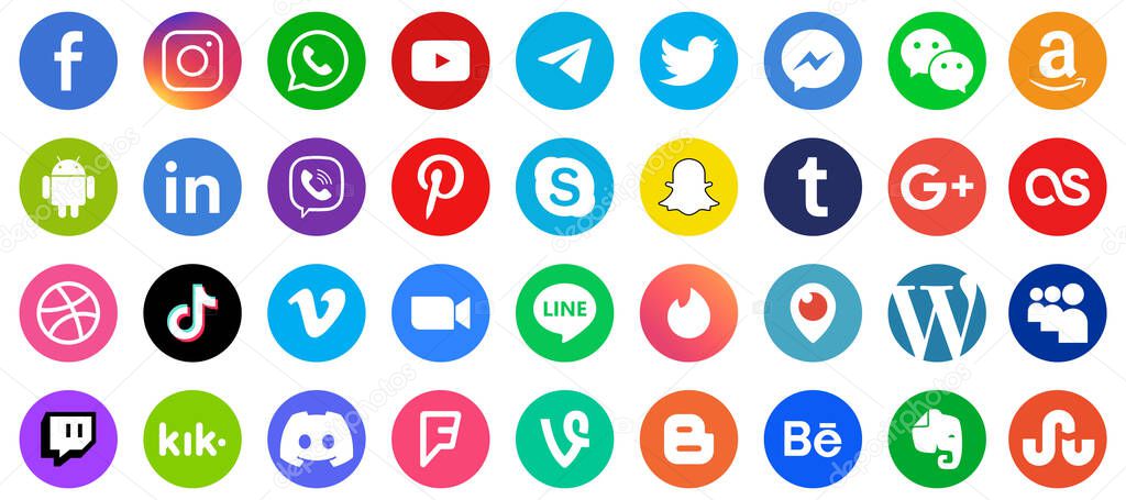Vinnytsia, Ukraine - May 16, 2023. Set of most popular social media icons: Facebook, Instagram, WhatsApp, YouTube, Telegram, Viber, Pinterest, Skype, Snapchat, Tumblr, Twitter, Premium quality. Isolated
