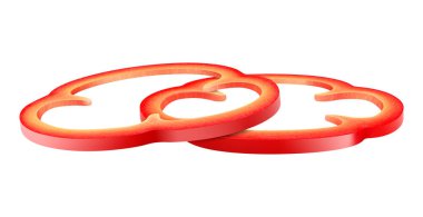 Kırmızı çan biberi halkaları beyaz arka planda izole edilmiş. Taze olgun dolmalık biber, yan görüş, gerçekçi 3 boyutlu vektör çizimi, doğal besin.