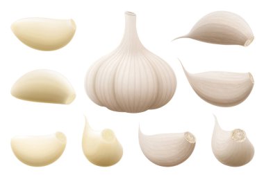 Sarımsak takımı. Tam sarımsaklı, soyulmuş ve soyulmamış karanfiller beyaz arka planda izole edilmiş. Yemek pişirme, baharat ve baharat ürün paketi tasarımı için baharat bileşeni. Gerçekçi 3d vektörü