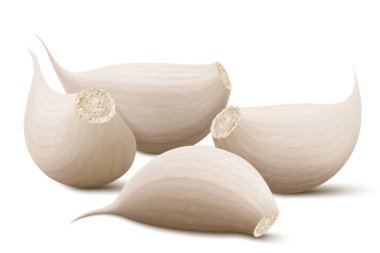 Beyaz arka planda izole edilmiş sarımsaklı karanfil. Sebze ve baharat karışımı, soyulmamış sarımsak karanfilleri ve sağlıklı beslenme ya da baharat ve baharat ürün paketi tasarımı. Gerçekçi 3B vektör