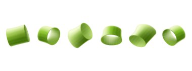 Farklı taraflardan yeşil soğan dilimleri, taze taze soğan dilimleri, beyaz arka planda izole edilmiş. Taze kesilmiş yeşil soğan bitkisi. Sağlıklı vejetaryen yemeği ve baharatı. Gerçekçi 3d vektör illüstrasyonu.