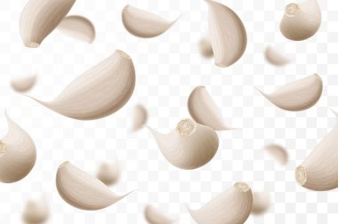 Düşen sarımsak, şeffaf bir arka planda izole edilmiş, seçici bir odak. Bulanık efektli uçan sarımsak karanfilleri. Reklam, ambalaj, afiş ve poster için kullanılabilir. Gerçekçi 3d vektör illüstrasyonu