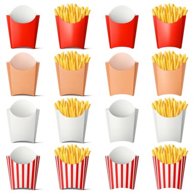 Kırmızı ve beyaz patates kızartması kutuları beyaz arka planda izole edilmiş. Lezzetli Fransız patatesleri hazır yiyecek paketleri. Boş ve Dolu. Gerçekçi 3d vektör illüstrasyonu.