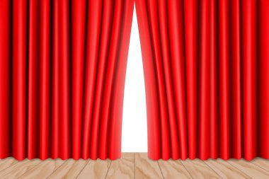 Ahşap zeminli ve kırmızı perdeli tiyatro sahnesi. Tiyatro, opera sahnesi perde arkası, konser büyük açılışı ya da sahne arkasında sinema prömiyeri, seremoni için portiere. Gerçekçi 3d vektörü