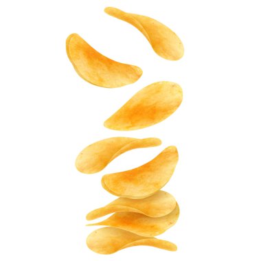 Yığınla çıtır patates cipsi vektör abur cubur, kızarmış abur cubur ya da tuzlu cips. İnce dilimler halinde tuzlu ve baharatlı çıtır patatesler, soyutlanmış düşen cipsler. Gerçekçi 3 boyutlu.