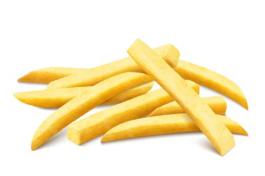 Patates kızartması Kızarmış patates cipsi ve yağlı patates kızartması. Sarı çubuklar, beyaz arka planda izole edilmiş. Fastfood. Sağlıksız lezzetli yemekler. Yatay pankart. Gerçekçi 3d vektör illüstrasyonu.