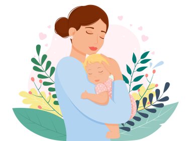 Genç anne oğlunu sevgiyle kucaklıyor. Anne ve küçük kızla Anneler Günü konseptiniz kutlu olsun. Vektör çizimi. Modern düz stil