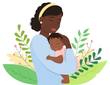 Beyaz arka planda bebek tutan mutlu bir Afro-Amerikalı kadının güzel bir temsili. Anneler Günün kutlu olsun. Vektör çizimi. Modern düz stil