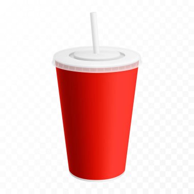 Soda plastik ya da kağıt bardakta pipet içmek, vektör gerçekçi 3D beyaz tek kullanımlık paket modeli. Soda, meyve suyu veya buzlu çay, fast food meşrubat ve kapalı kapaklı plastik bardak.