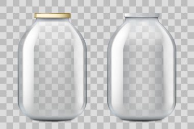 Boş üç litrelik cam kavanoz. Şeffaf arkaplanda izole edilmiş. 3D gerçekçi vektör modeli. Kapağı ve kapağı olmayan bir kavanoz. Süt, su veya meyve suyu kabı.