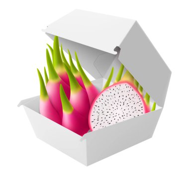 Sulu tutku meyveli beyaz yemek kutusu. Hamburger, öğle yemeği, fast food, hamburger ve beyaz arka planda izole edilmiş sandviç paketleri. Karton Kutu Model, Gerçekçi 3d Vektör İllüstrasyonu