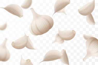 Düşen sarımsak, şeffaf bir arka planda izole edilmiş, seçici bir odak. Bulanık efektli uçan sarımsak karanfilleri. Reklam, ambalaj, afiş ve poster için kullanılabilir. Gerçekçi 3d vektör illüstrasyonu