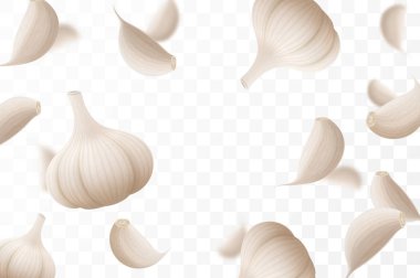 Düşen sarımsak, şeffaf bir arka planda izole edilmiş, seçici bir odak. Bulanık efektli uçan sarımsak karanfilleri. Reklam, ambalaj, afiş ve poster için kullanılabilir. Gerçekçi 3d vektör illüstrasyonu