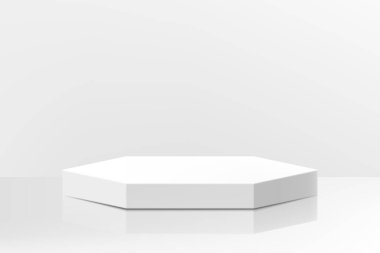 Çokyüzlü, soyut, beyaz kaide podyumu. Ürün sunumu için asgari duvar sahnesi. Gerçekçi 3d vektör geometrik çizim platformu tasarımı. Çokyüzlü.