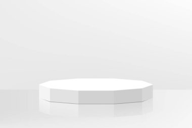 Çokyüzlü, soyut, beyaz kaide podyumu. Ürün sunumu için asgari duvar sahnesi. Gerçekçi 3d vektör geometrik çizim platformu tasarımı. Çokyüzlü.