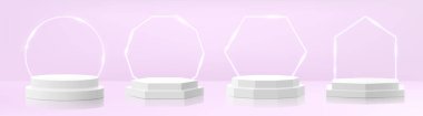 Farklı şekillerde beyaz podyumlar, basamaklı podyumlar, mor arkaplanda parlayan neon çokyüzlü. Gösteri odası kaidesi, zemin platform vektörü izole edilmiş model. Gerçekçi 3d vektörü
