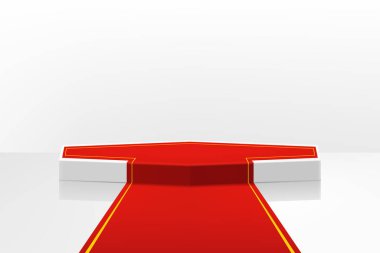 Ödül töreni için kırmızı yolu olan aydınlatılmış sahne podyumu. Gerçekçi 3D vektör çizimi, VIP ünlülerin yaşam tarzı konsepti. Kazananlar ve ödül töreni için sahne.