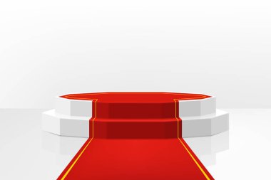 Ödül töreni için kırmızı yolu olan aydınlatılmış sahne podyumu. Gerçekçi 3D vektör çizimi, VIP ünlülerin yaşam tarzı konsepti. Kazananlar ve ödül töreni için sahne.