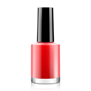 Yuvarlak kırmızı oje şişesi, siyah kapaklı, beyaz arka planda izole edilmiş. Gerçekçi ambalaj şablonu. Ön manzara. Vektör 3d illüstrasyon.