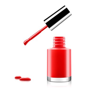 Parlak kırmızı tırnak cilası, beyaz arka planda izole edilmiş fırça ve damlalarla dolu bir şişe. Moda Güzellik Verniği. Gerçekçi Detaylı 3d Vektör illüstrasyonu. Lacquer 'ın Modeli