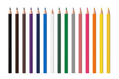 Beyaz arka planda izole edilmiş çok renkli kalem ya da pastel boya seti. Okul eşyalarına dönelim. Sunum, yayınlar ve eğitim için şablon tasarımı. Gerçekçi 3D Vektör İllüstrasyonu