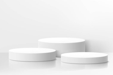 Beyaz arkaplandaki beyaz boş kaideler ya da podyumlar. Soyut yüksek kalite 3D konsept. - Yayalar. Sahne. Kutular. Gerçekçi vektör çizimi. Pankartlara ya da web sayfalarına eklenebilir.