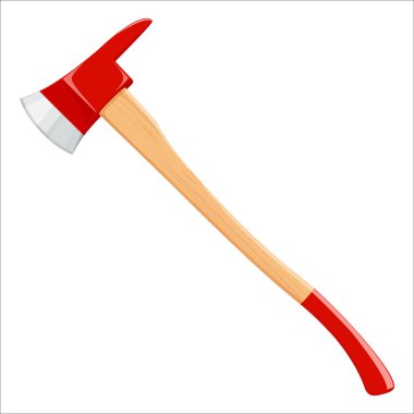 İtfaiyeci baltası beyaz arka planda izole edilmiş. Kızıl Balta. İtfaiye baltası kurtarma ekipmanları. Tahtadan sapı olan metal oduncu. Vektör illüstrasyonu, düz tasarım.