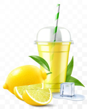 Limon suyu ya da smoothie ile plastik bardağı temizle. Milkshake ve limonata için kubbe kapaklı kupa. Buzlu meyveli organik salata. Meyve kokteyli. Gerçekçi 3d vektör şablonu