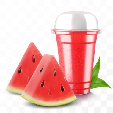Karpuz suyu veya smoothie ile plastik bardağı temizle. Milkshake ve limonata için kubbe kapaklı kupa. Meyveli organik içecek. Meyve kokteyli. Gerçekçi 3d vektör şablonu