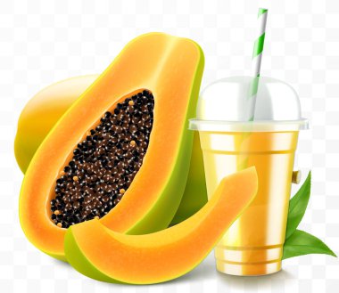Papaya suyu veya smoothie ile plastik bardağı temizle. Meyve kokteyli. Milkshake, limonata, soğuk ya da sıcak içecek için küre şeklinde kubbe kapaklı bardak. Bir kupa meyveli organik içecek. Gerçekçi 3d vektör şablonu