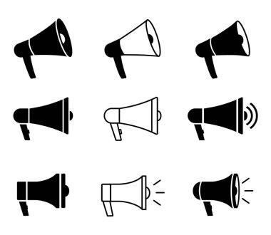 Megafon simgeleri. Hoparlör hazır. Çember düğmesi. Beyaz arkaplanda izole edilmiş vektör çizgisi simgesi