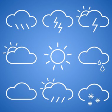 linear classic weather icons set. season info hot, sunny day, cloudy, rainy or snowy, ice-crusted ground. graphic pack with simple outline elements for interface app mobile, web on background