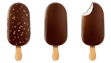 Ice cream with chocolate glaze and nuts on a stick. Brown whole and bitten chocolate ice cream popsicle with peanuts isolated on white background Realistic 3D vector food posters and summer banners.