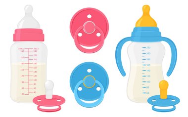Baby bottles with milk and pacifier baby dummies care nipples for newborn child . Isolated on white background. Flat design