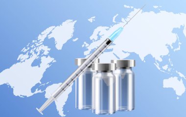 İğne ve şırınga için bir şişe. Coronavirus aşısı, botoks, dolgu maddesi, Hyaluronic Asit. Uyuşturucu Ampul Tasarım Şablonu. Tıbbi cam şişe. Haritanın arka planında gerçekçi 3d vektör çizimi